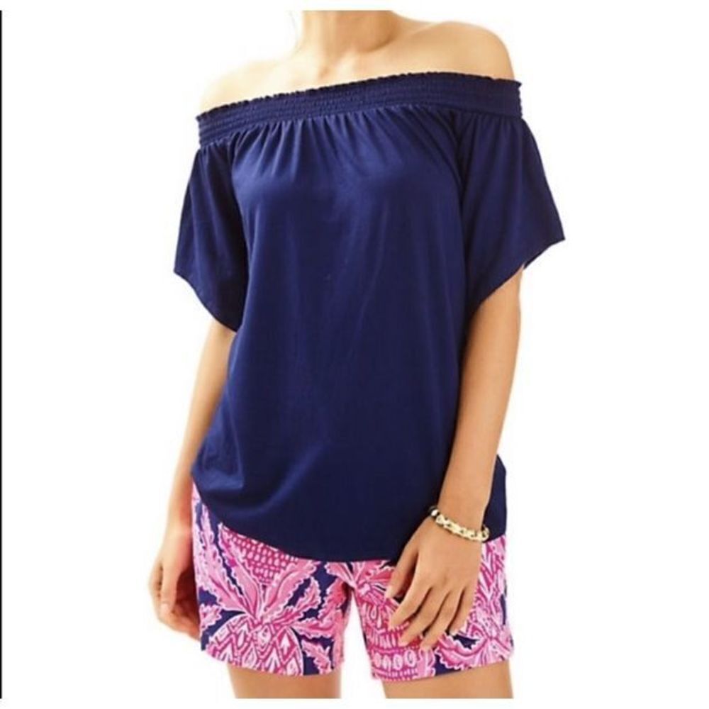 NWT Lilly Pulitzer True Navy Blue Almeria top blouse off shoulder size XS